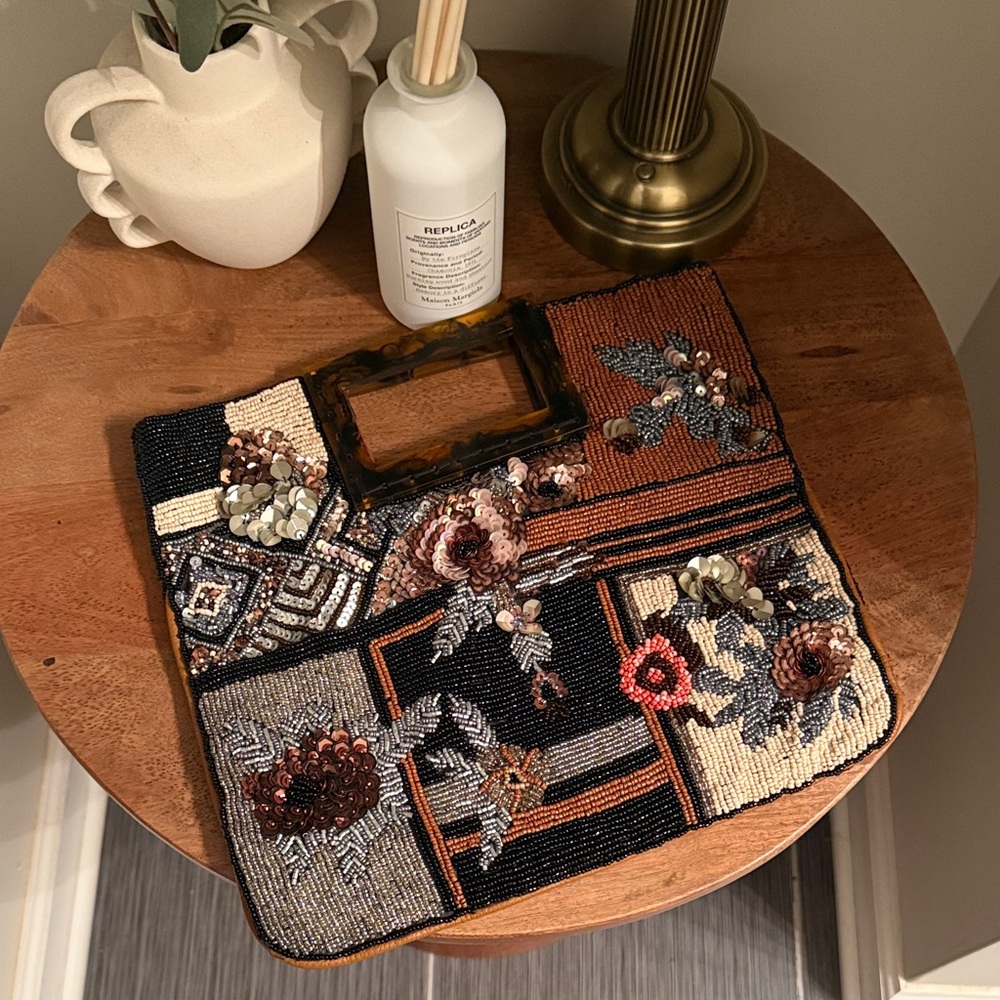 Anthropologie Beaded Floral Clutch - Black, Brown, Cream